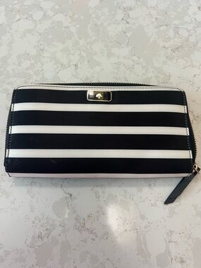 kate spade Black and White Horizontal Stripe Zip Around Wallet